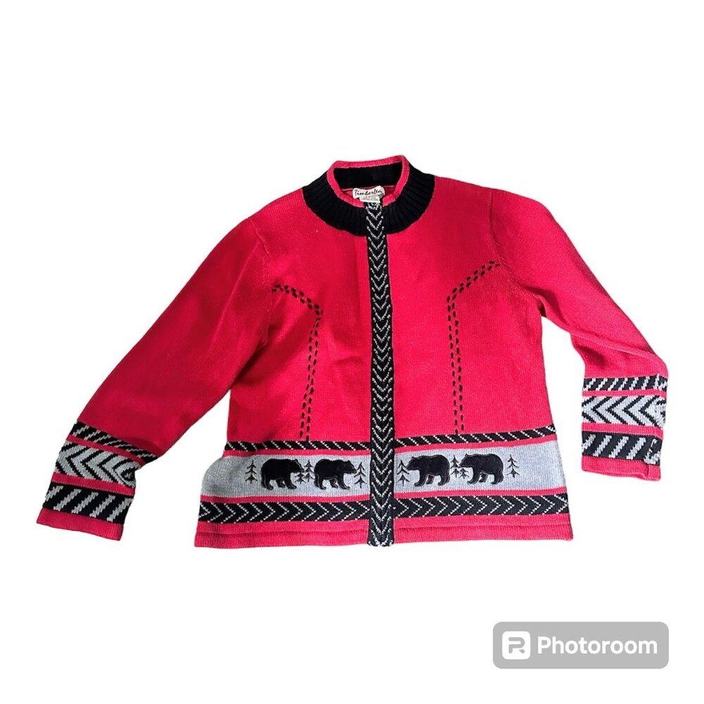 Timberlea Women's Red Black‎ Bear Motif Cardigan Sweater XL